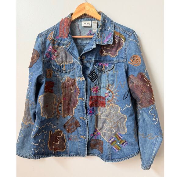 Chico's Jackets & Blazers - Chicos Vintage Patchwork Denim Trucker Jacket Artsy Unique Mixed Media Size 2